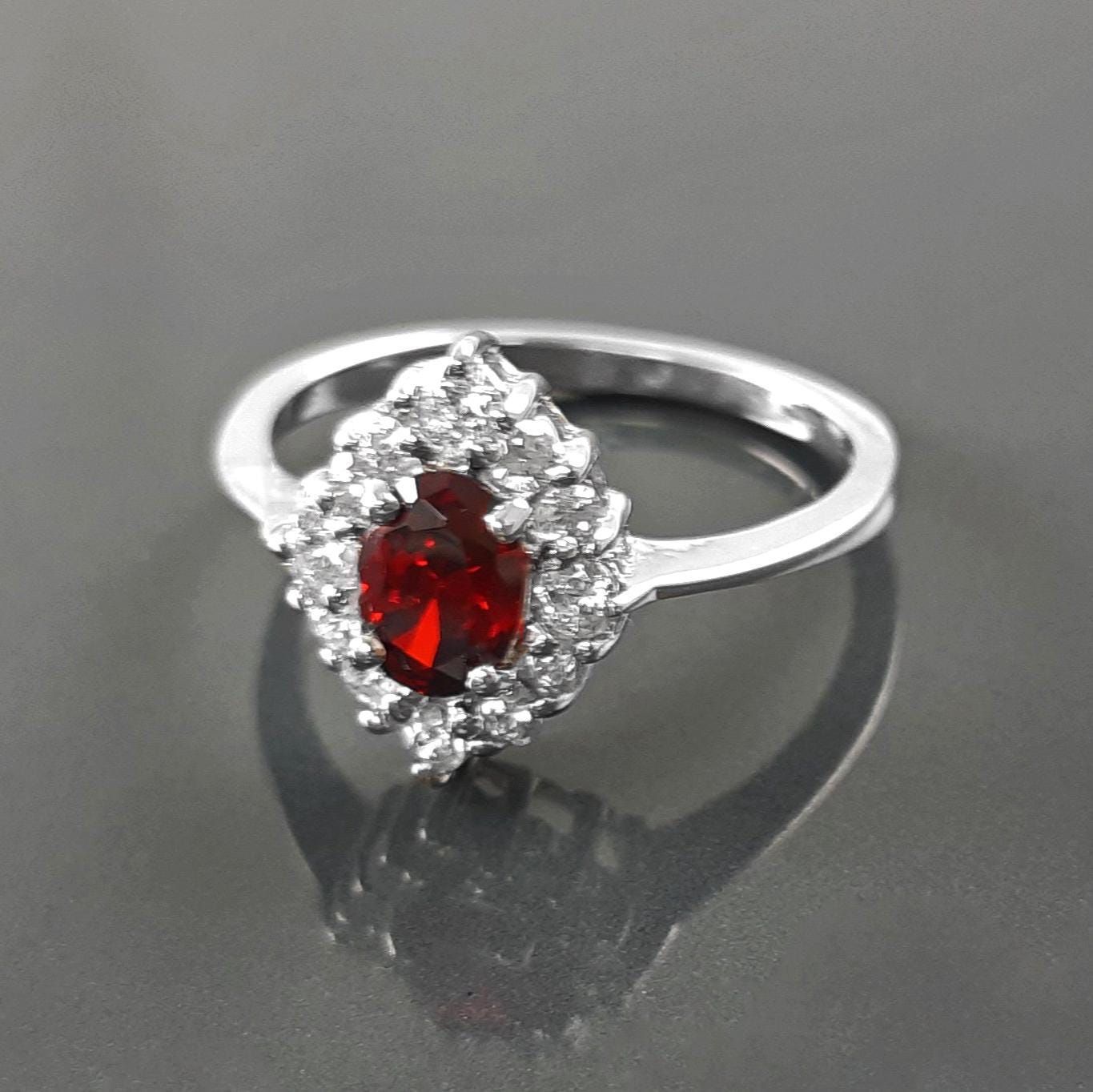 Red Ruby CZ Sterling Silver Marquise Ring, Cluster Engagement Ring