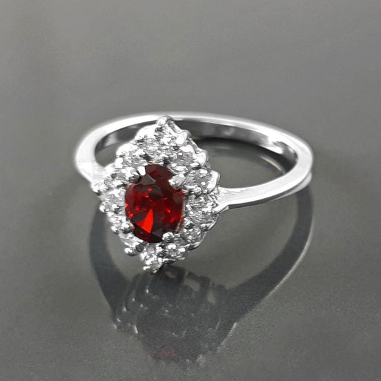 Red Ruby CZ Sterling Silver Marquise Ring, Cluster Engagement Ring