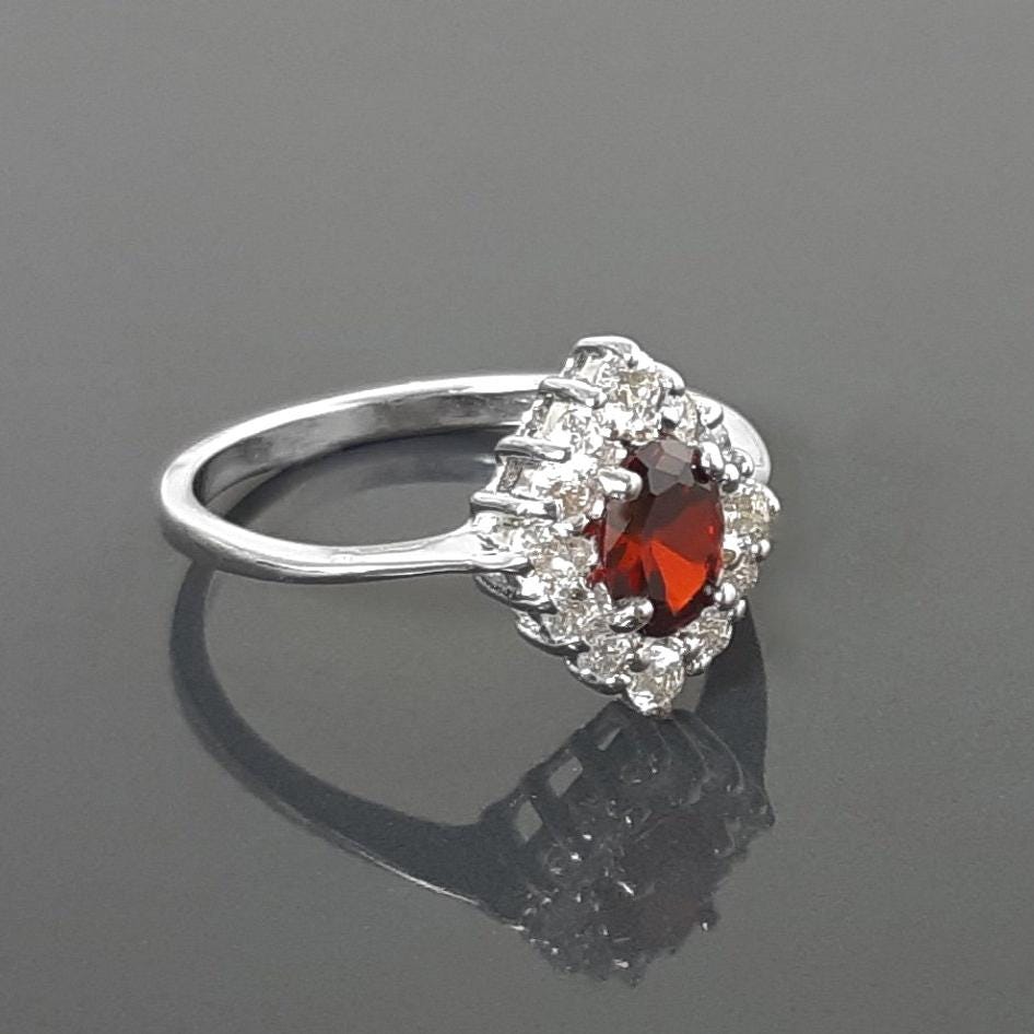 Red Ruby CZ Sterling Silver Marquise Ring, Cluster Engagement Ring