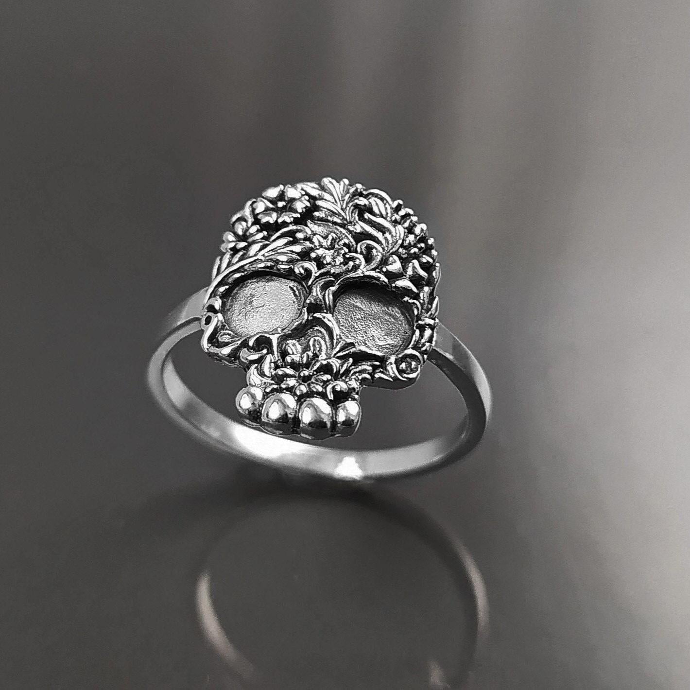 Bague Crâne Tête de Mort Gothique motif floral, Argent 925