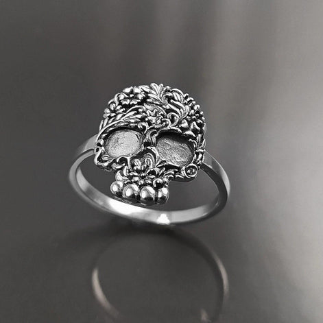 Bague Crâne Tête de Mort Gothique motif floral, Argent 925