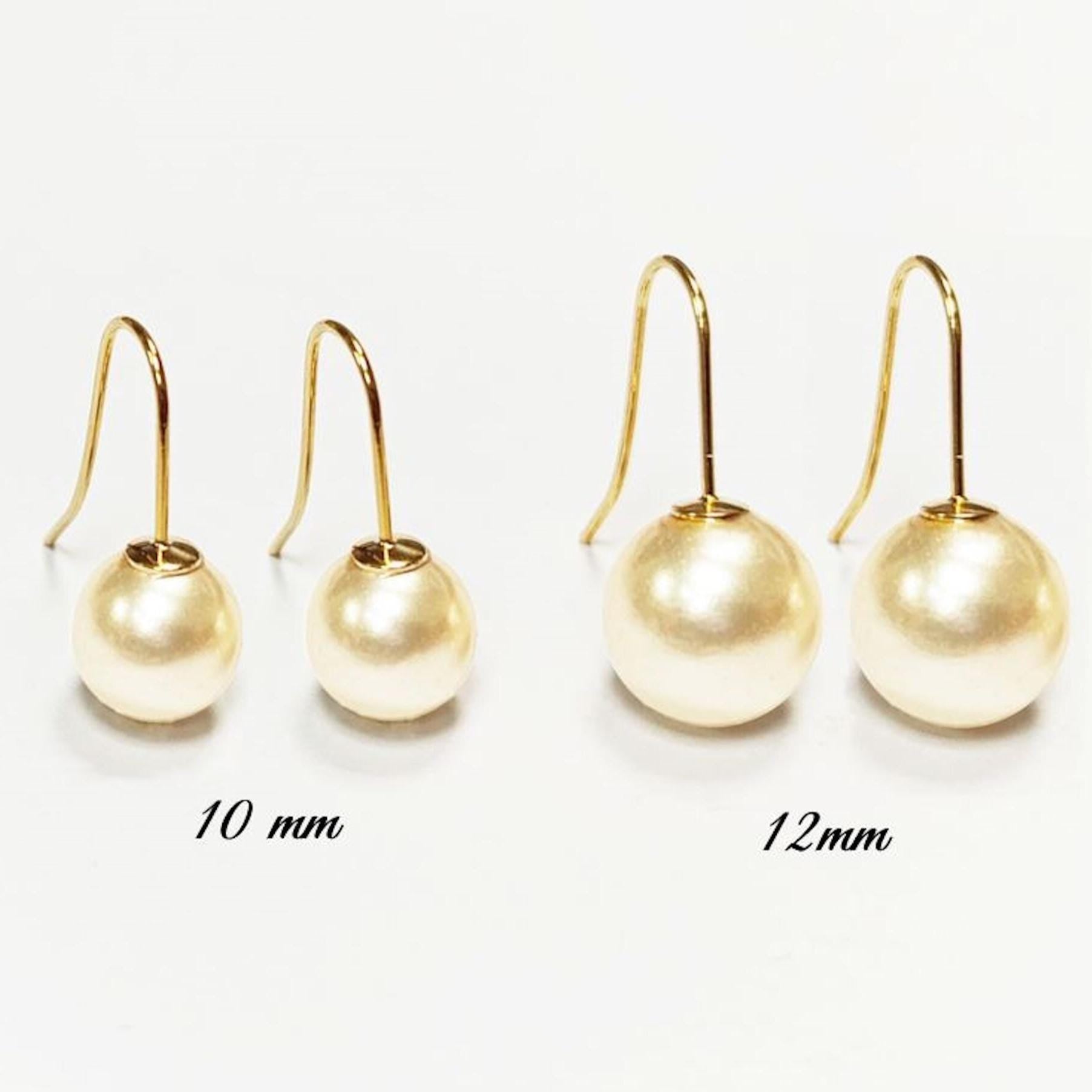 Pearl Hook Earrings • Gold Plated 18K Drop Hooks • 10 or 12mm Creamy White Shell Pearls • Chic Timeless jewelry for Wedding or Everyday Wear