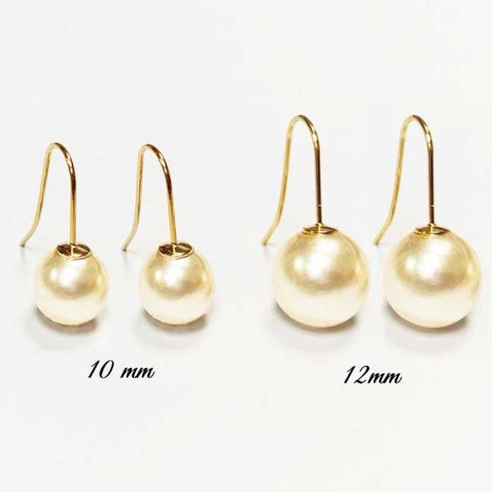Pearl Hook Earrings • Gold Plated 18K Drop Hooks • 10 or 12mm Creamy White Shell Pearls • Chic Timeless jewelry for Wedding or Everyday Wear
