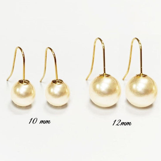 Pearl Hook Earrings • Gold Plated 18K Drop Hooks • 10 or 12mm Creamy White Shell Pearls • Chic Timeless jewelry for Wedding or Everyday Wear