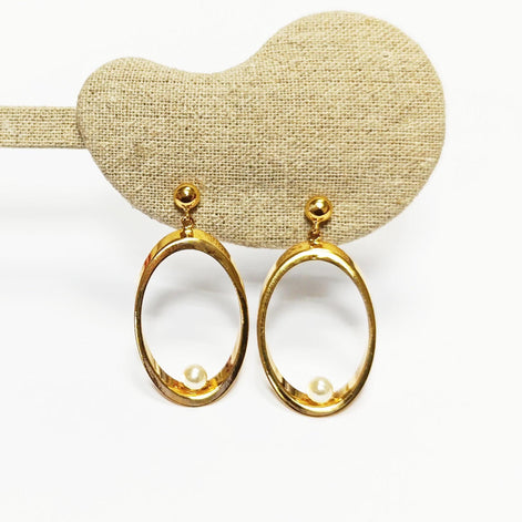 Gold Oval Pearl Drop Earrings• Statement 18K Gold-Plated Modern Jewelry • Floating Shell Pearl Dangle Beveled Hoops • Elegant Gift for Her