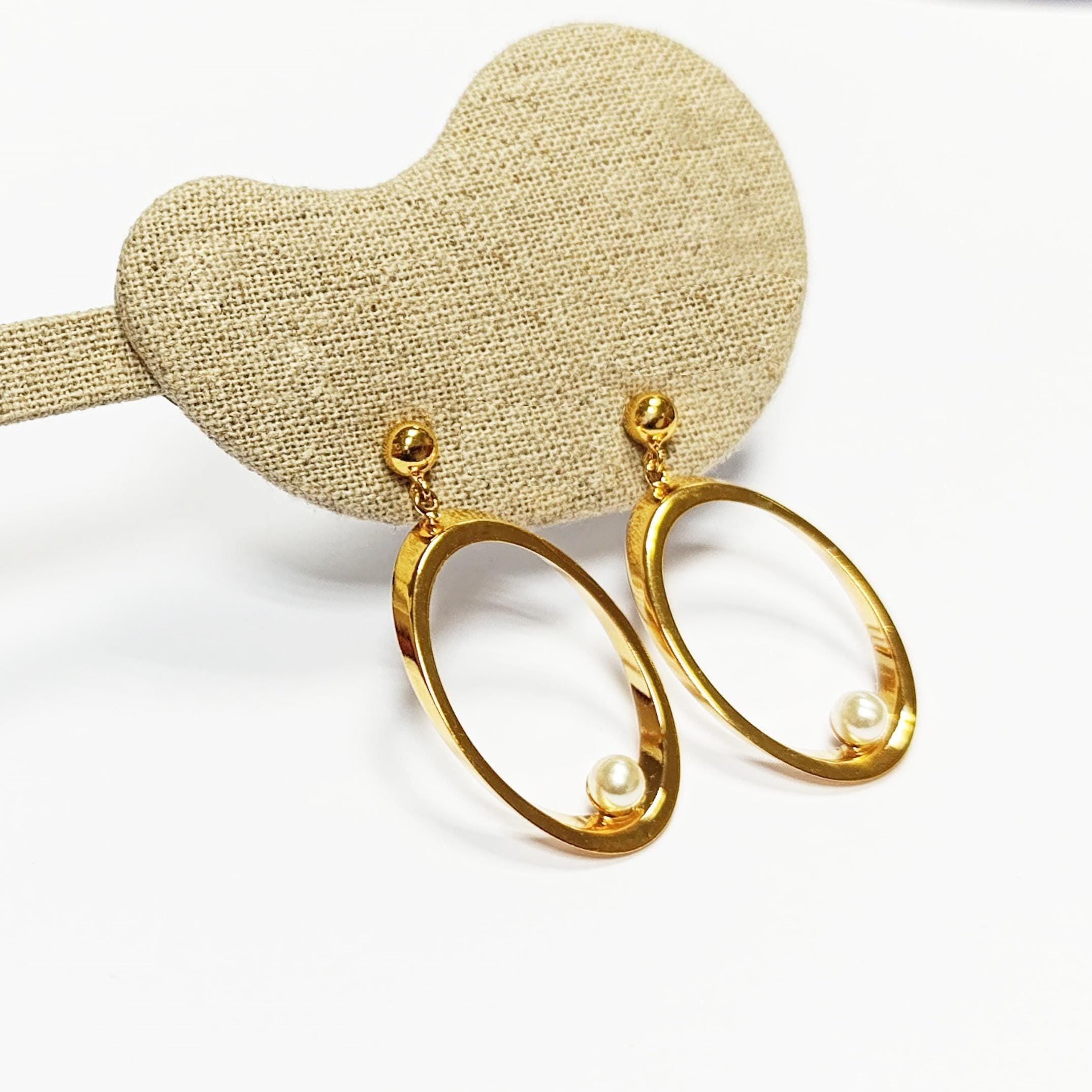 Gold Oval Pearl Drop Earrings• Statement 18K Gold-Plated Modern Jewelry • Floating Shell Pearl Dangle Beveled Hoops • Elegant Gift for Her