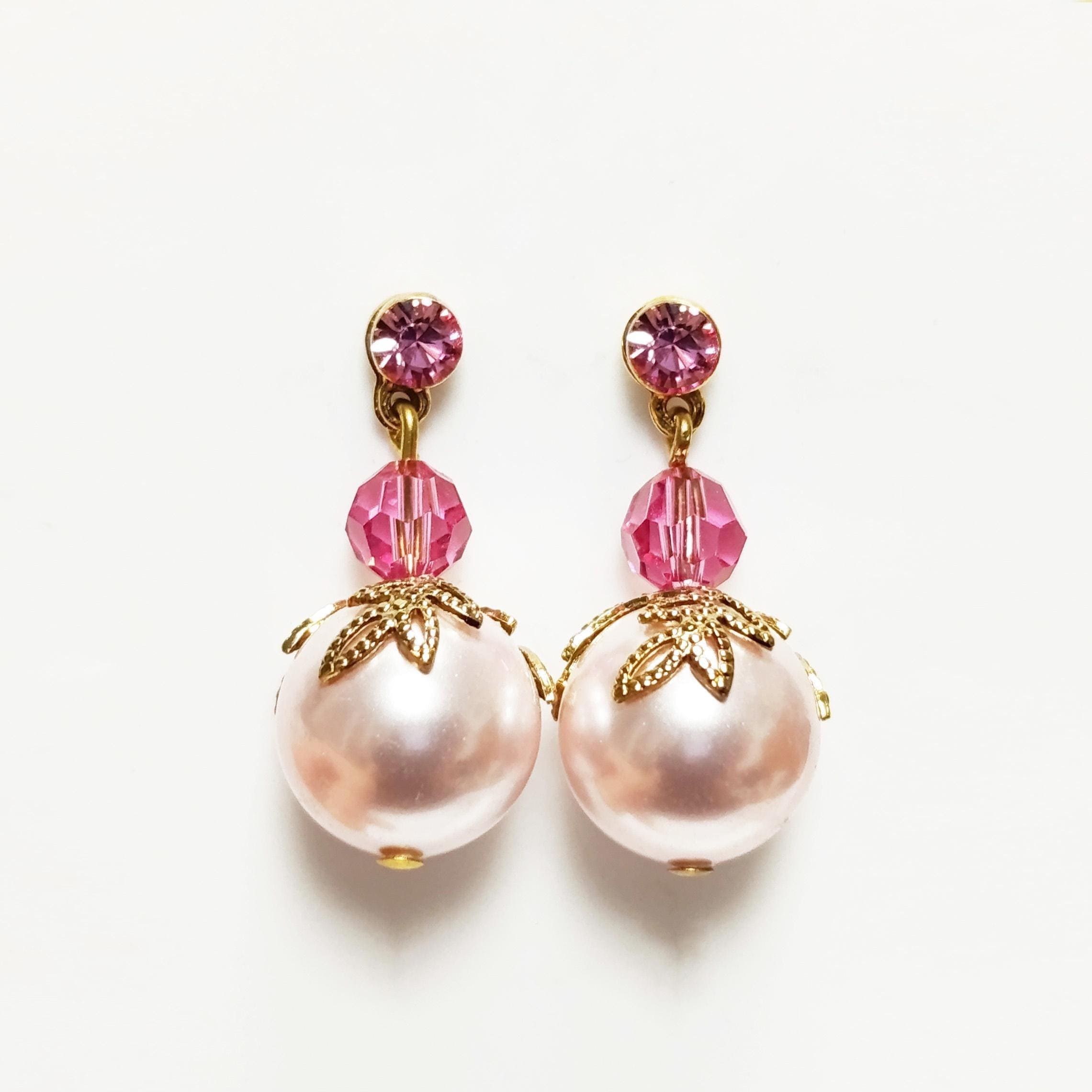 Pink Drop Pearl & Crystal Earrings by KRAMIKE • Rose Color Pearls • 18K Gold Plated Studs • Ideal for a Wedding, Party, or Gift for Her