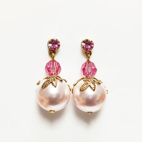 Pink Drop Pearl & Crystal Earrings by KRAMIKE • Rose Color Pearls • 18K Gold Plated Studs • Ideal for a Wedding, Party, or Gift for Her