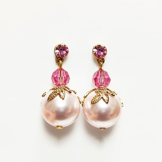 Pink Drop Pearl & Crystal Earrings by KRAMIKE • Rose Color Pearls • 18K Gold Plated Studs • Ideal for a Wedding, Party, or Gift for Her