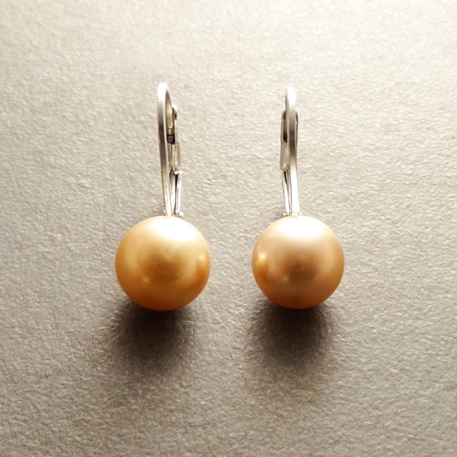Classic Gold Pearl Drop Earrings by KRAMIKE • Timeless Sterling Silver Leverback 6 to 14mm Pearls • Ideal for Wedding or Everyday Wear
