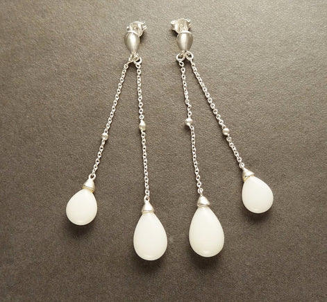 Agate Teardrop Earrings - Sterling Silver - Chainmaille Stones Earrings - Link earrings - White Agate Gemstone - white stone earrings