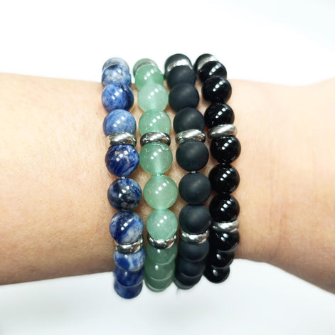 Green Quartzite Beaded Bracelet • Stainless Steel Spacers, Elastic Stretch