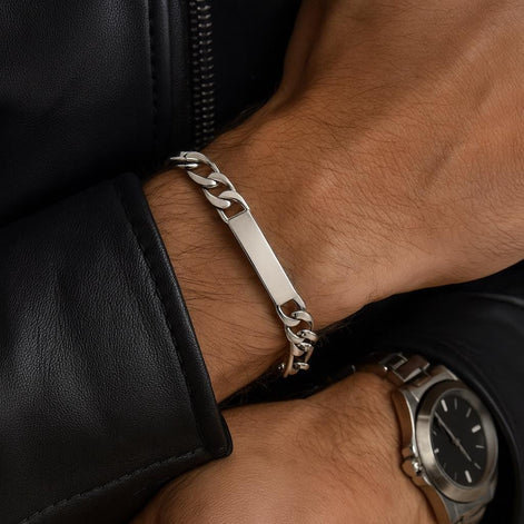 Sterling Silver Figaro ID Bracelet • Engravable Name Bar, Handmade