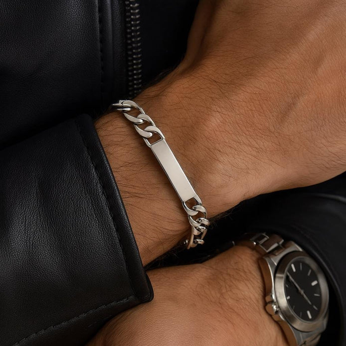 Sterling Silver Figaro ID Bracelet • Engravable Name Bar, Handmade