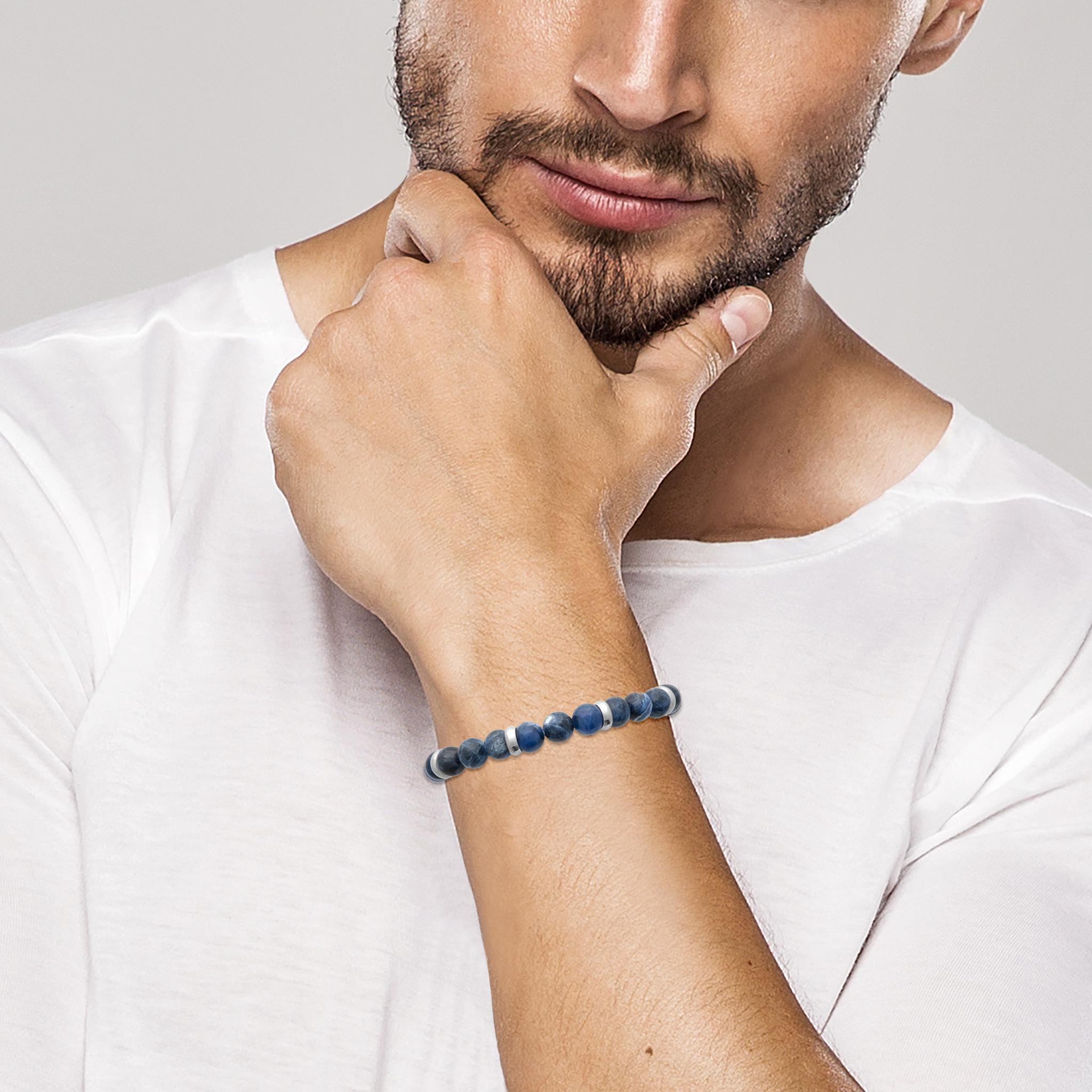 Ocean Blue Jasper Beaded Bracelet • Stainless Steel Spacers