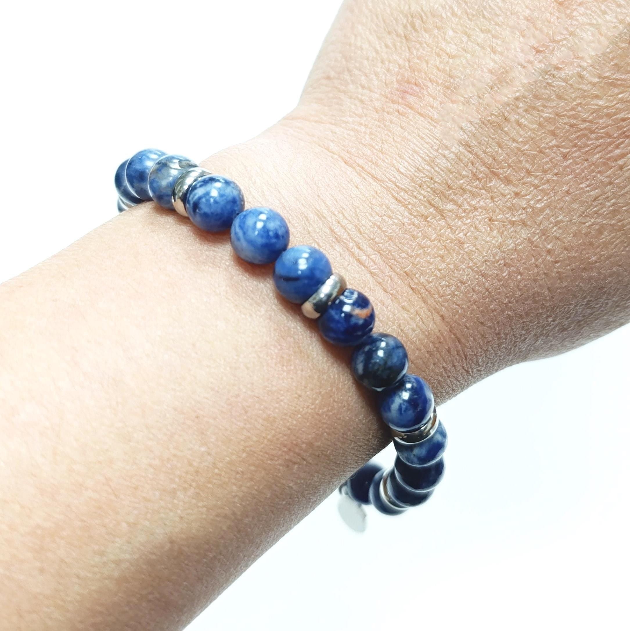 Ocean Blue Jasper Beaded Bracelet • Stainless Steel Spacers