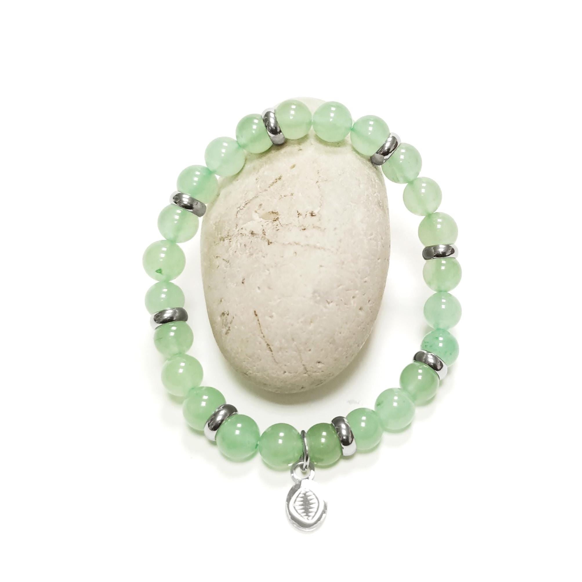 Green Quartzite Beaded Bracelet • Stainless Steel Spacers, Elastic Stretch