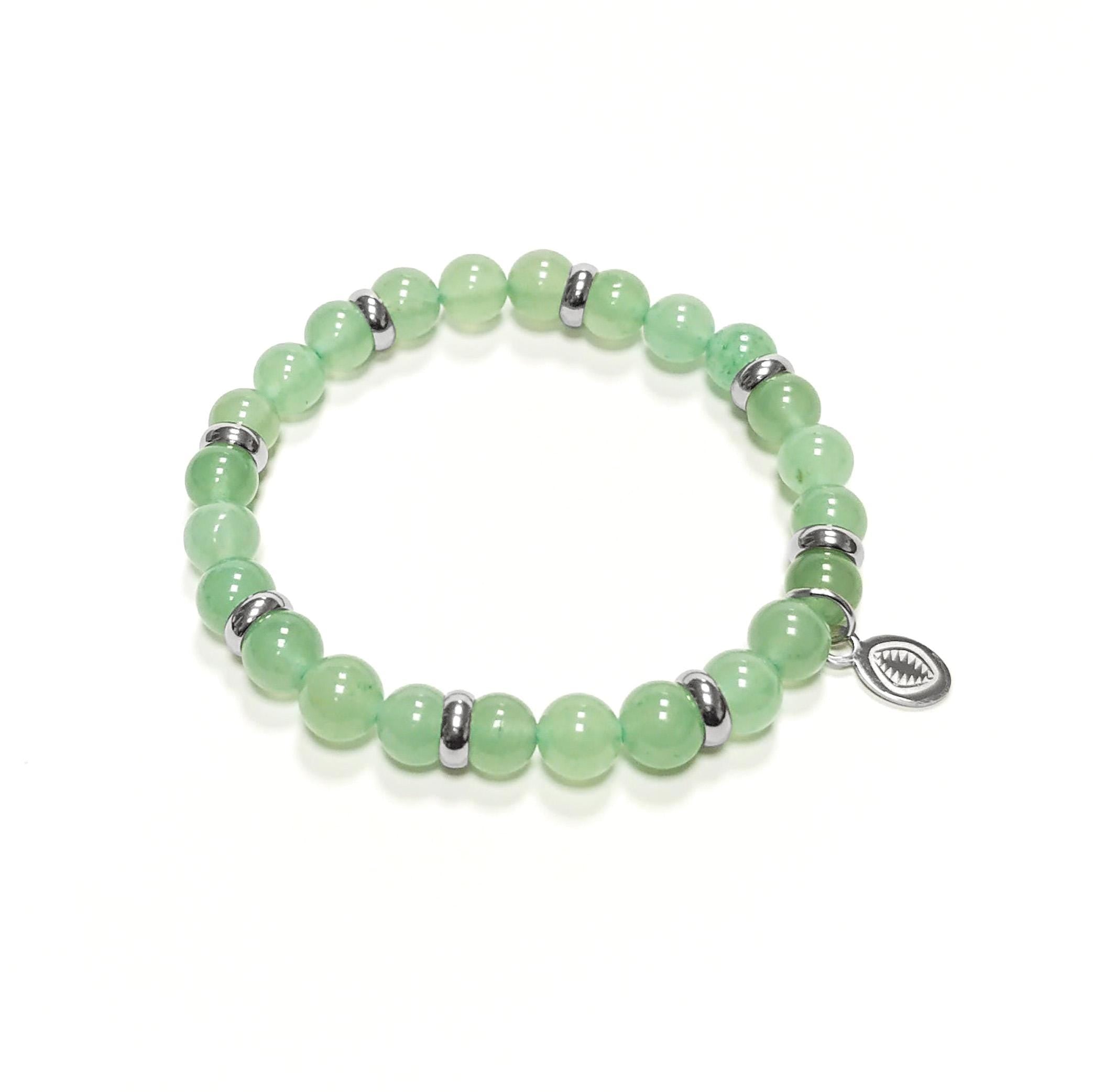 Green Quartzite Beaded Bracelet • Stainless Steel Spacers, Elastic Stretch