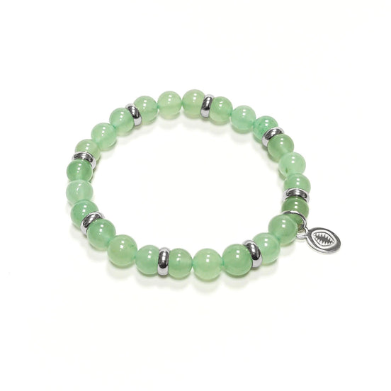 Green Quartzite Beaded Bracelet • Stainless Steel Spacers, Elastic Stretch