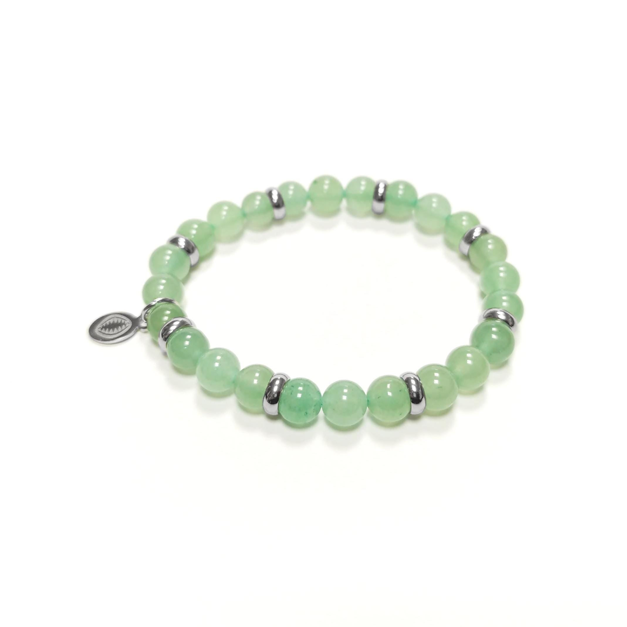 Green Quartzite Beaded Bracelet • Stainless Steel Spacers, Elastic Stretch