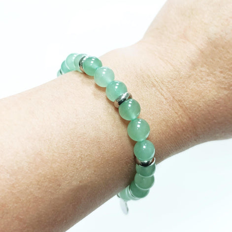 Green Quartzite Beaded Bracelet • Stainless Steel Spacers, Elastic Stretch