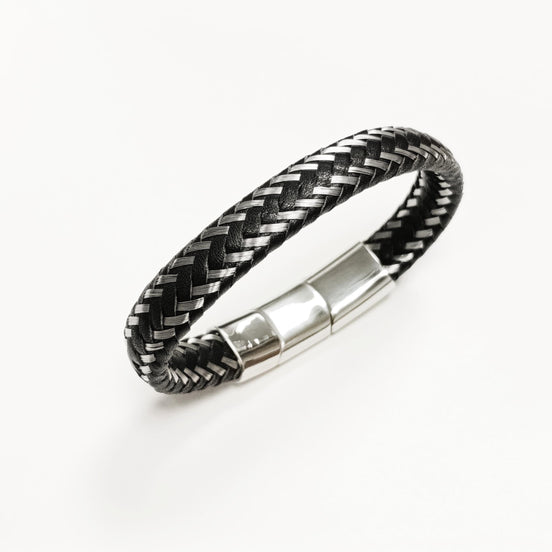 Braided Leather Stainless Steel Bangle Bracelet • Adjustable Twisted Rope openable Cuff • Modern Jewelry