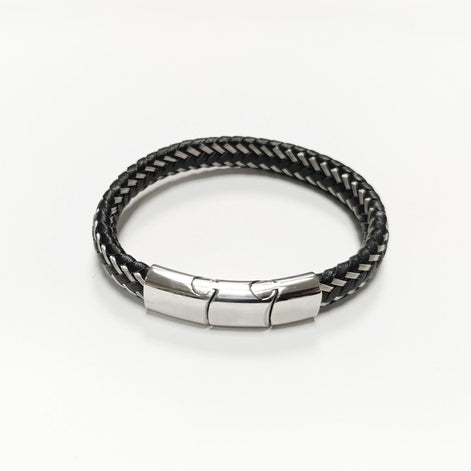 Braided Leather Stainless Steel Bangle Bracelet • Adjustable Twisted Rope openable Cuff • Modern Jewelry