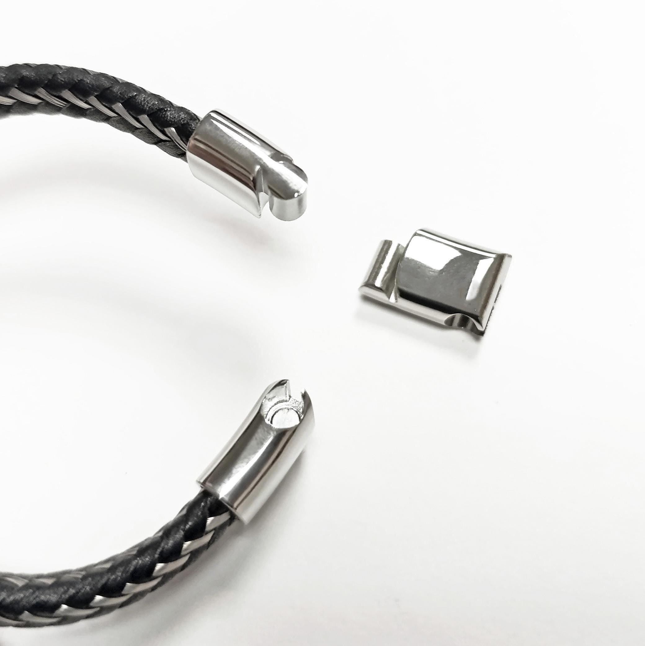 Braided Leather Stainless Steel Bangle Bracelet • Adjustable Twisted Rope openable Cuff • Modern Jewelry