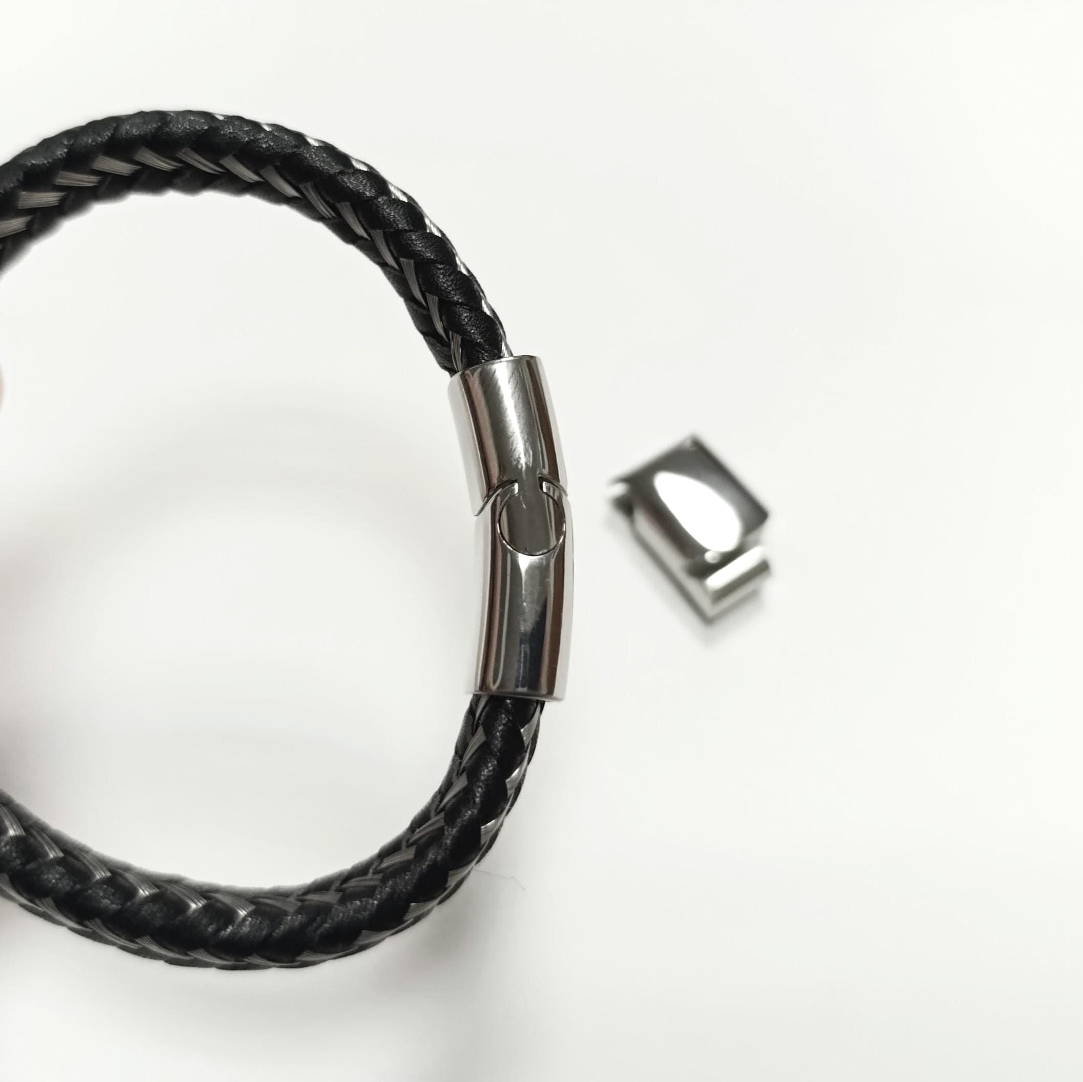 Braided Leather Stainless Steel Bangle Bracelet • Adjustable Twisted Rope openable Cuff • Modern Jewelry