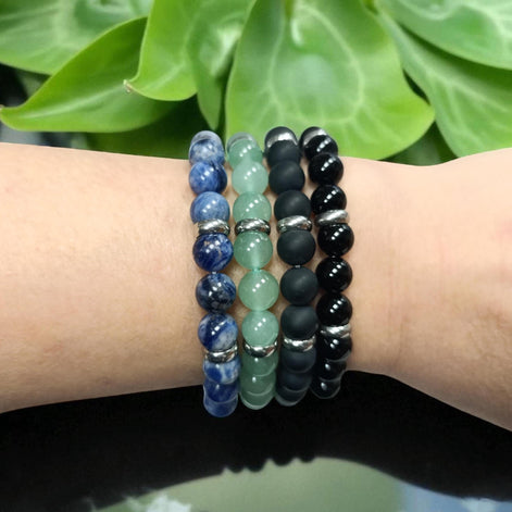 Green Quartzite Beaded Bracelet • Stainless Steel Spacers, Elastic Stretch