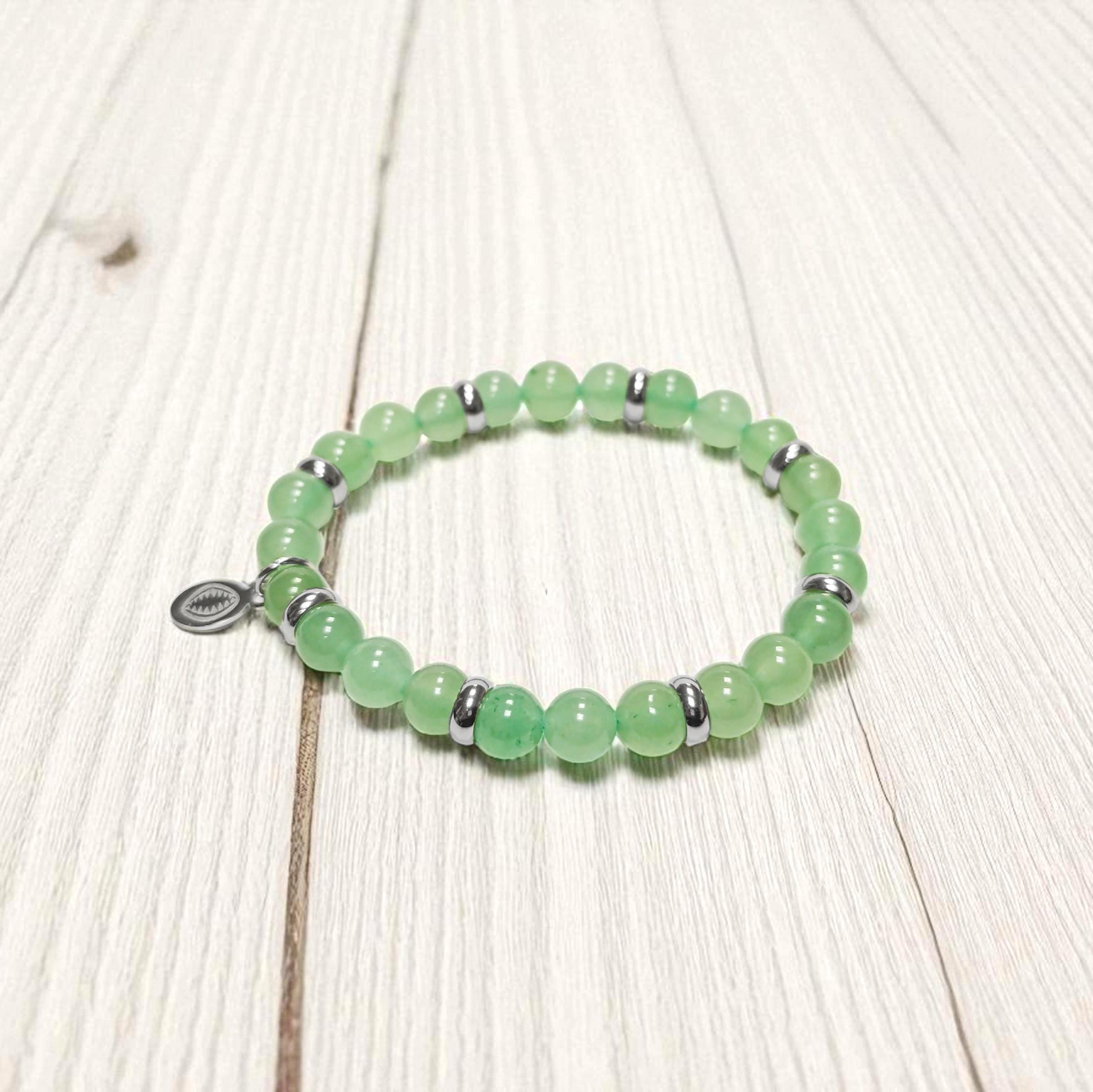 Green Quartzite Beaded Bracelet • Stainless Steel Spacers, Elastic Stretch