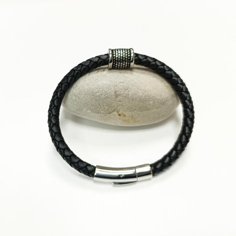 Braided Leather Bracelet • Stainless Steel • Twisted Rope Black Open Cuff • Modern Unisex Jewelry • Light Slim Cuff • Gift for Her or Him