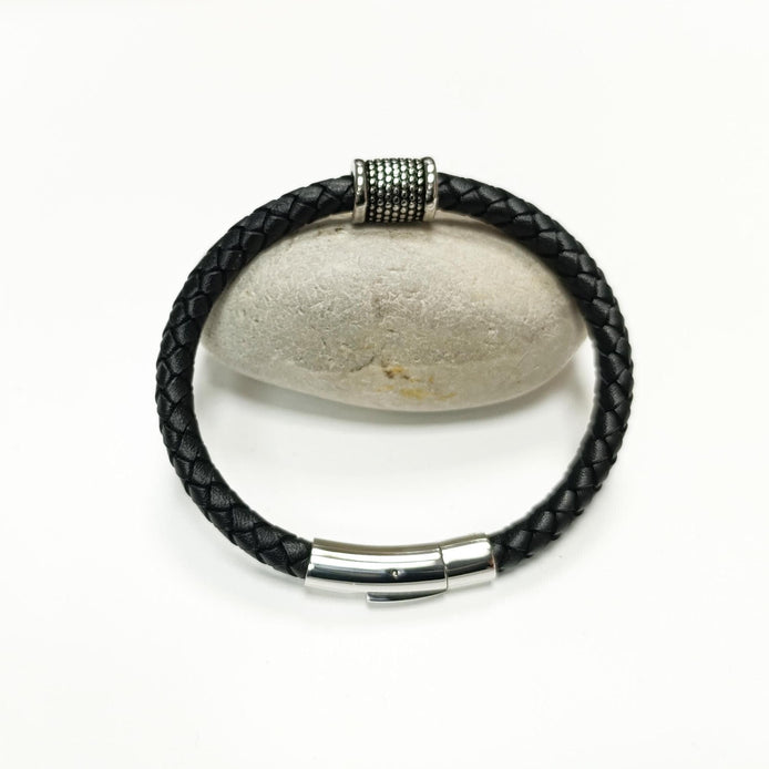 Braided Leather Bracelet • Stainless Steel • Twisted Rope Black Open Cuff • Modern Unisex Jewelry • Light Slim Cuff • Gift for Her or Him