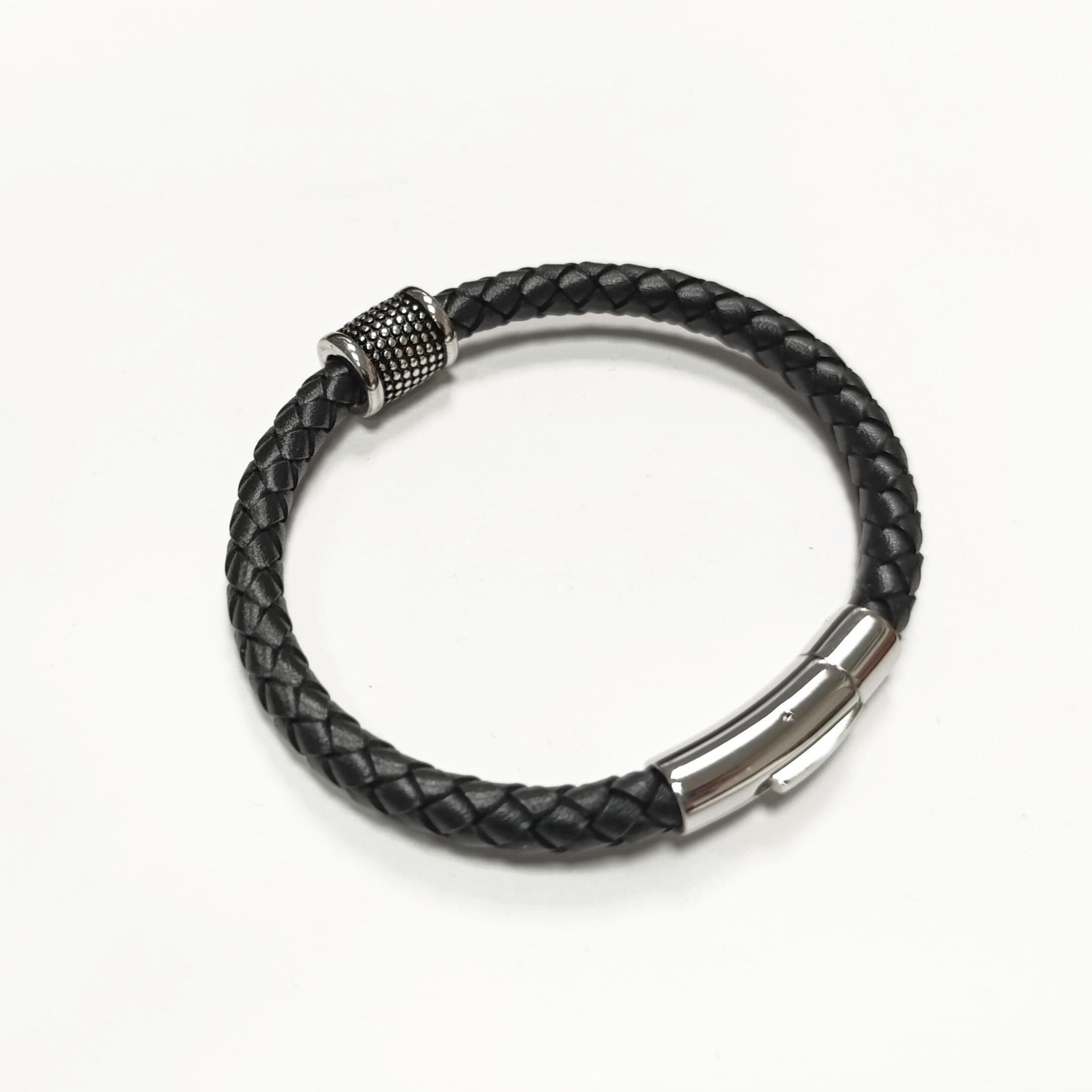 Braided Leather Bracelet • Stainless Steel • Twisted Rope Black Open Cuff • Modern Unisex Jewelry • Light Slim Cuff • Unisex Gift