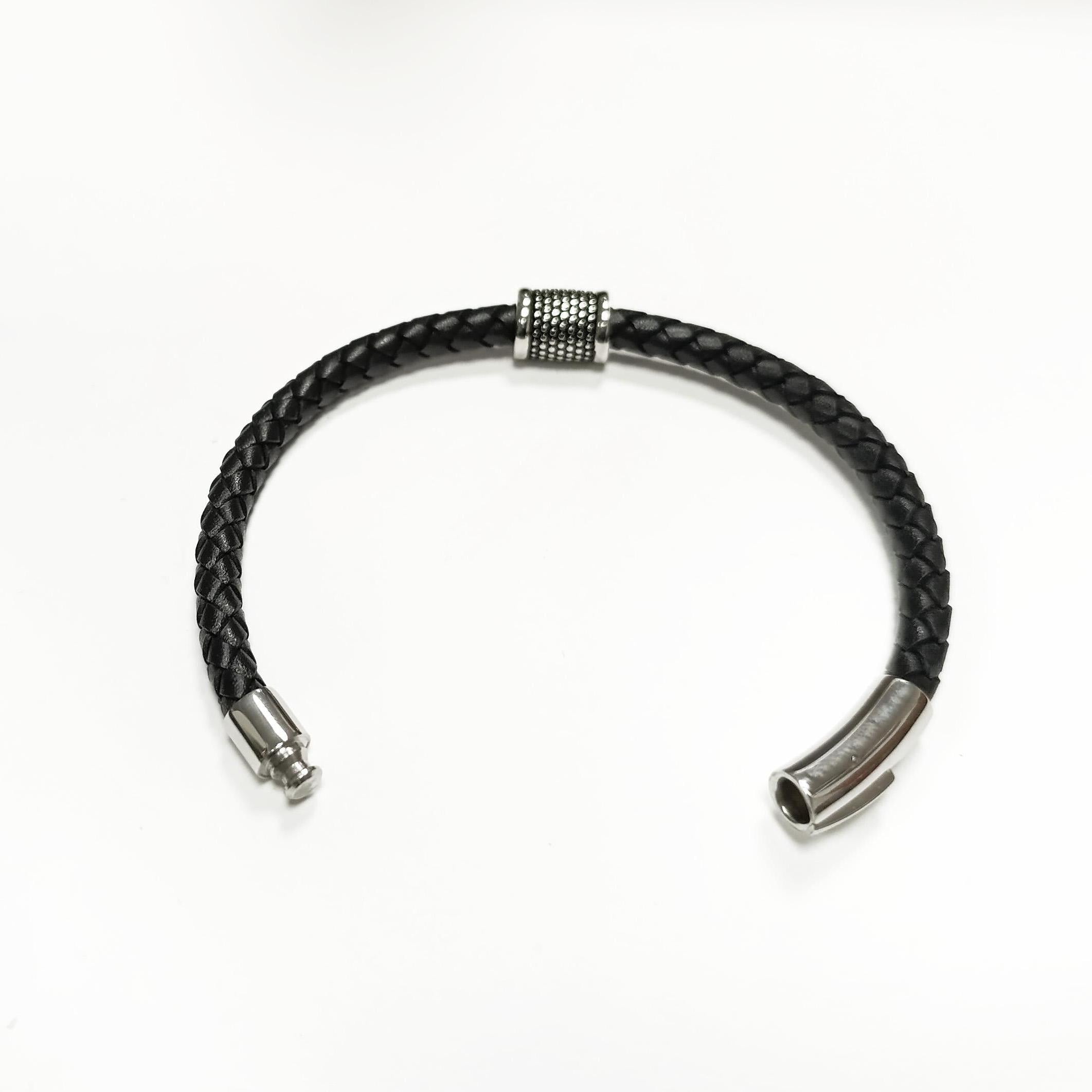 Braided Leather Bracelet • Stainless Steel • Twisted Rope Black Cuff • Modern Unisex Jewelry • Light Slim Cuff • Unisex Gift