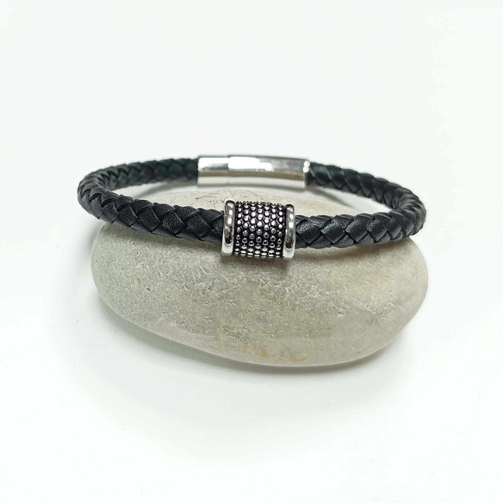 Braided Leather Bracelet • Stainless Steel • Twisted Rope Black Open Cuff • Modern Unisex Jewelry • Light Slim Cuff • Unisex Gift