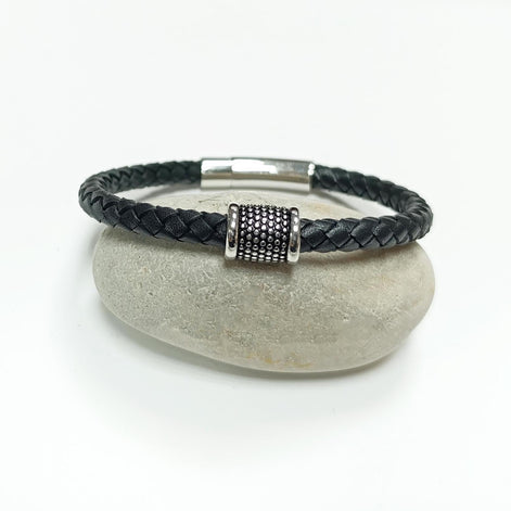 Braided Leather Bracelet • Stainless Steel • Twisted Rope Black Open Cuff • Modern Unisex Jewelry • Light Slim Cuff • Unisex Gift
