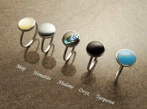 Round abalone ring, sterling silver set with genuine paua shell in a modern geometric stone design