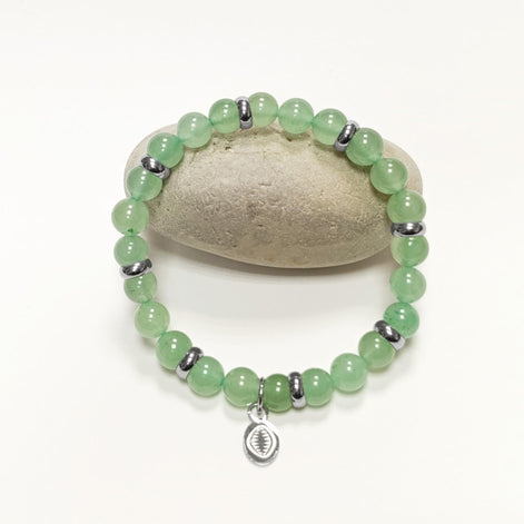 Green Quartzite Beaded Bracelet • Stainless Steel Spacers, Elastic Stretch