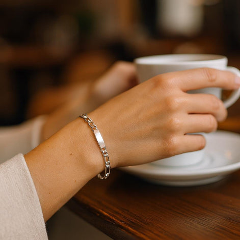 Sterling Silver Figaro ID Bracelet • Personalized Name Plate