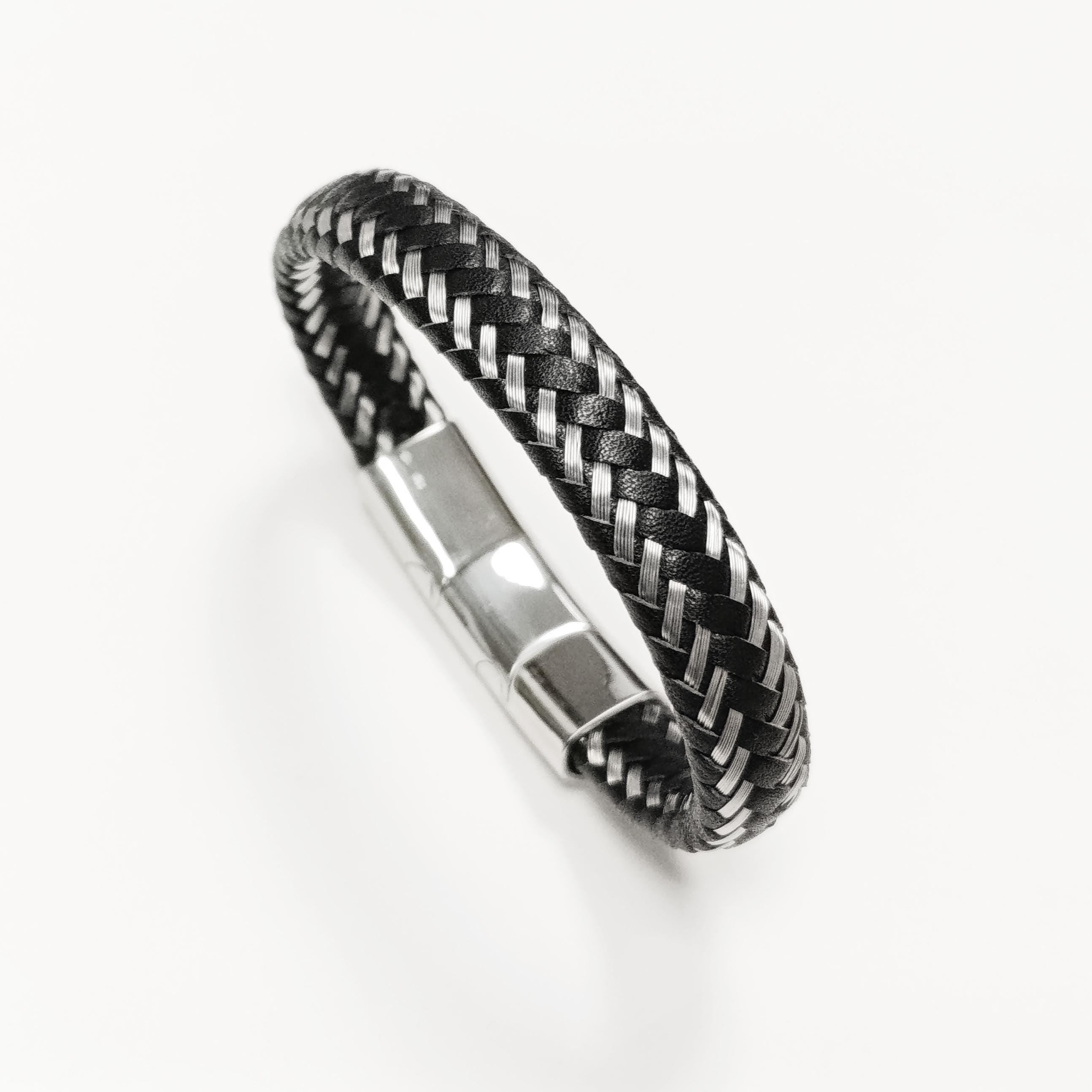 Braided Leather Stainless Steel Bangle Bracelet • Adjustable Twisted Rope openable Cuff • Modern Jewelry