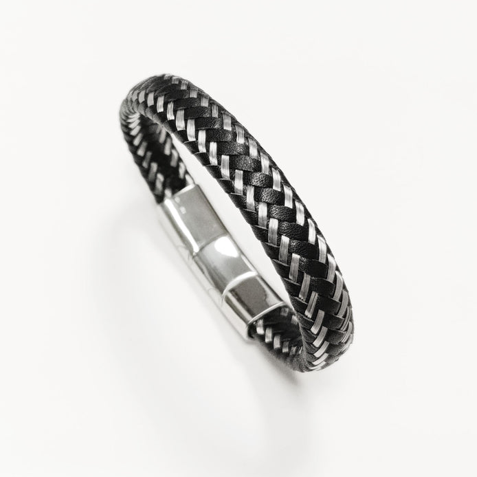 Braided Leather Stainless Steel Bangle Bracelet • Adjustable Twisted Rope openable Cuff • Modern Jewelry