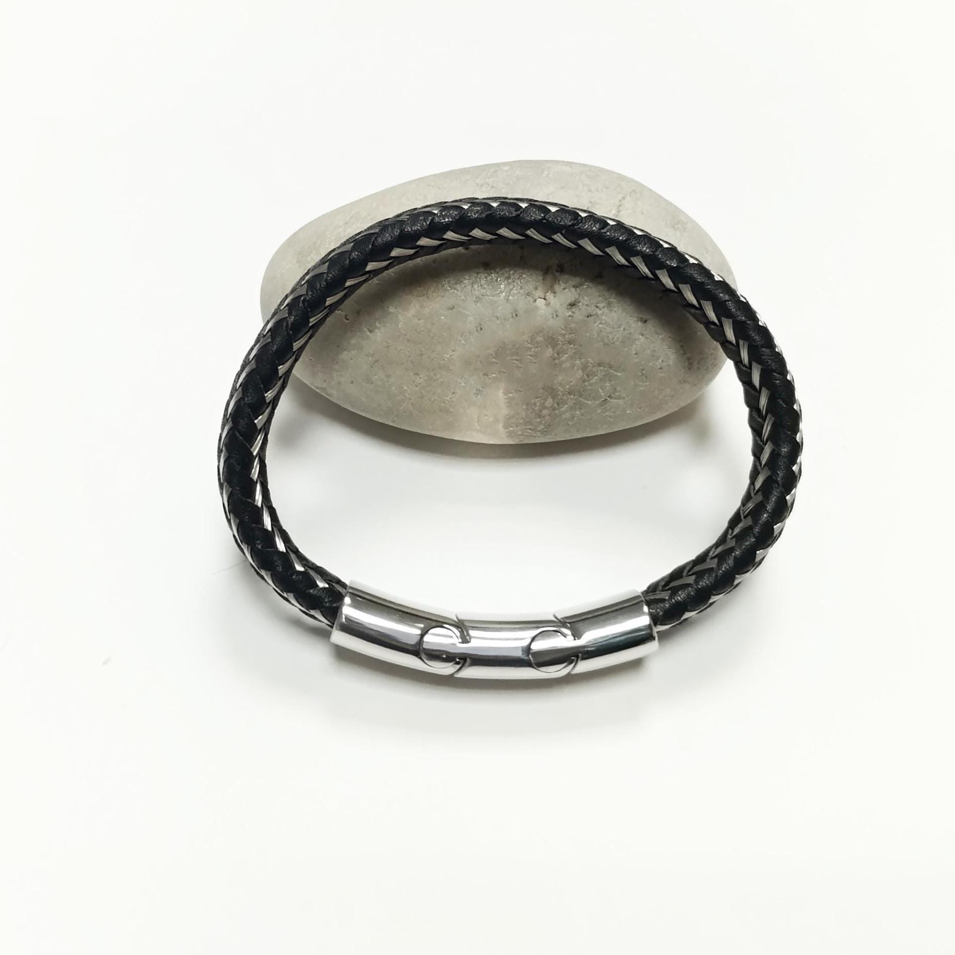 Braided Leather Stainless Steel Bangle Bracelet • Adjustable Twisted Rope openable Cuff • Modern Jewelry