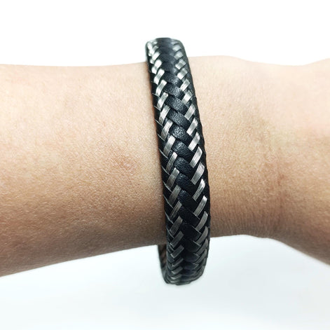 Braided Leather Stainless Steel Bangle Bracelet • Adjustable Twisted Rope openable Cuff • Modern Jewelry