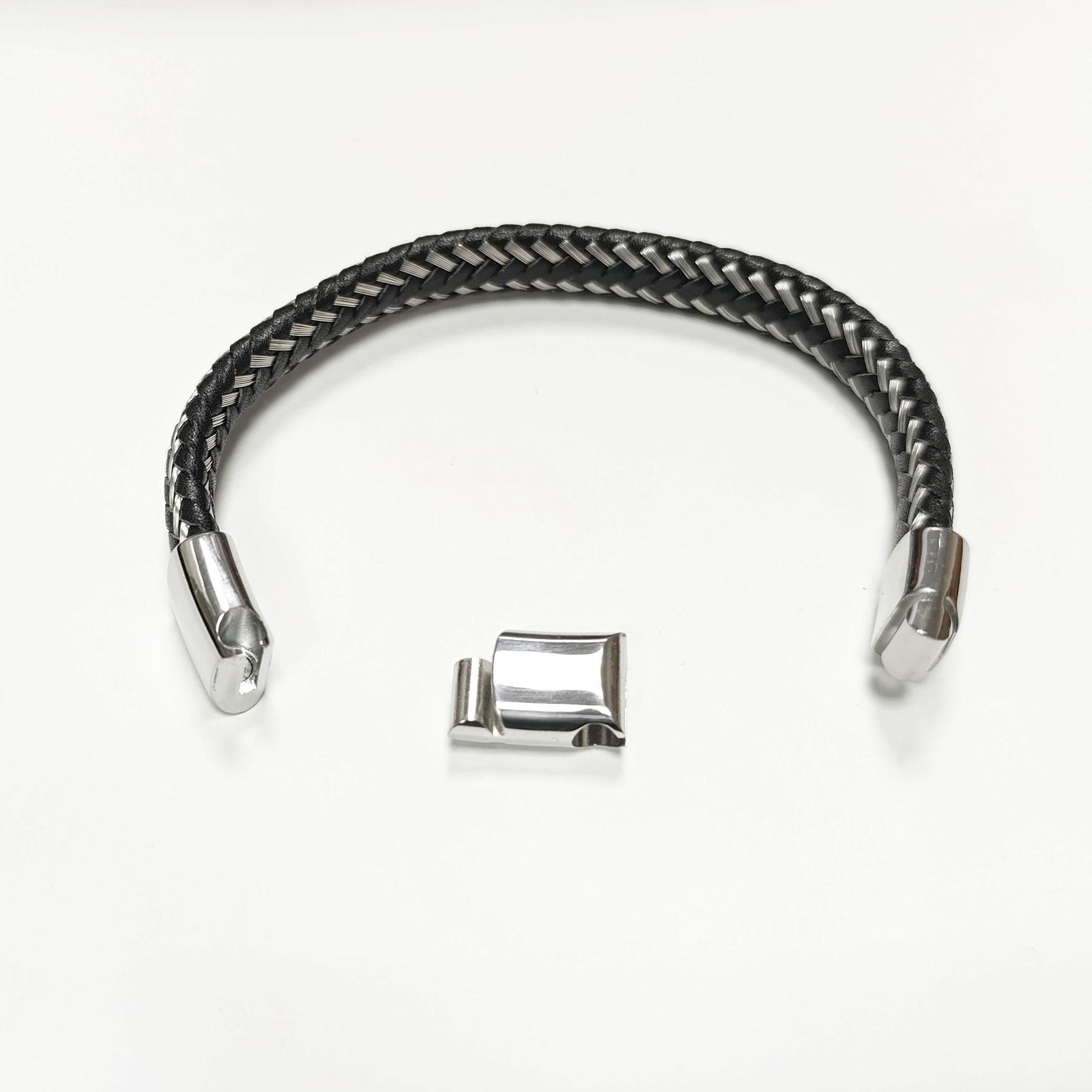 Braided Leather Stainless Steel Bangle Bracelet • Adjustable Twisted Rope openable Cuff • Modern Jewelry