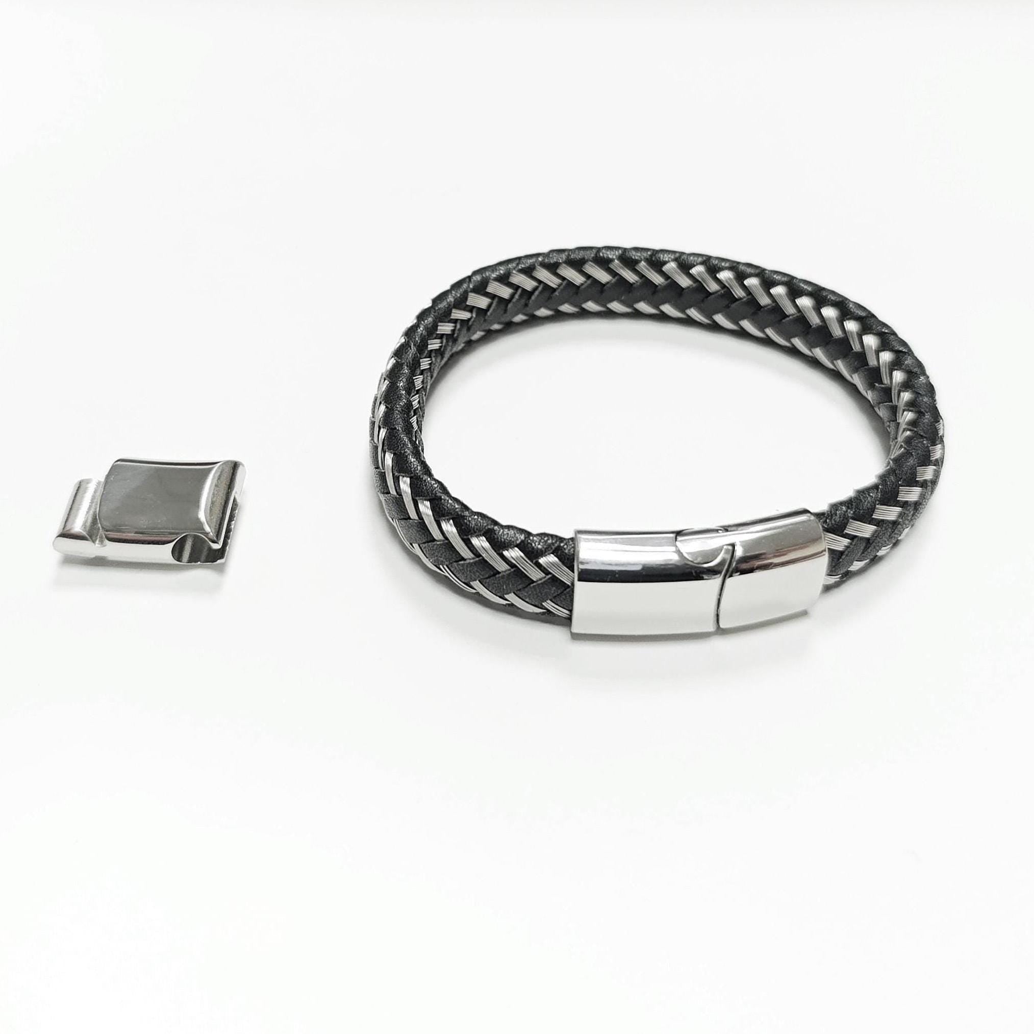 Braided Leather Stainless Steel Bangle Bracelet • Adjustable Twisted Rope openable Cuff • Modern Jewelry