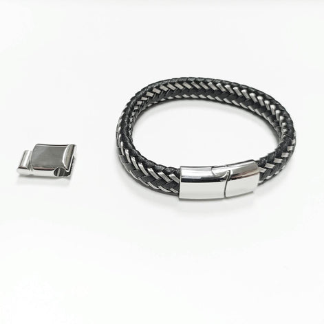 Braided Leather Stainless Steel Bangle Bracelet • Adjustable Twisted Rope openable Cuff • Modern Jewelry