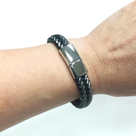Braided Leather Stainless Steel Bangle Bracelet • Adjustable Twisted Rope openable Cuff • Modern Jewelry