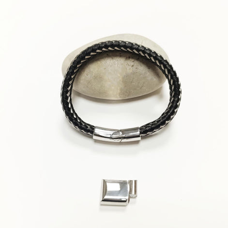 Braided Leather Stainless Steel Bangle Bracelet • Adjustable Twisted Rope openable Cuff • Modern Jewelry