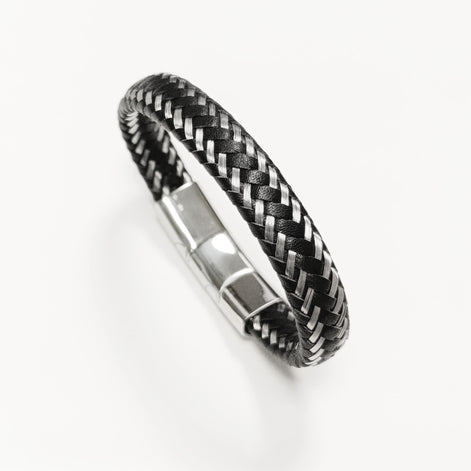 Braided Leather Stainless Steel Bangle Bracelet • Adjustable Twisted Rope openable Cuff • Modern Jewelry